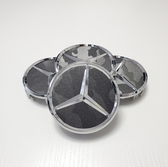 4 Camouflage Silver WHEEL CENTER HUB CAPS EMBLEM FITS MERCEDES BENZ 75mm 3inch - Picture 1 of 6